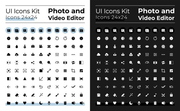Photo and video editor white glyph ui icons set for for dark, light mode. Silhouette symbols for night, day themes. Solid pictograms. Vector isolated illustrations. Montserrat Bold, Light fonts used