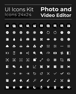 Photo and video editor tools white glyph ui icons set for dark mode. Silhouette symbols for night, day themes. Solid pictograms. Vector isolated illustrations. Montserrat Bold, Light fonts used