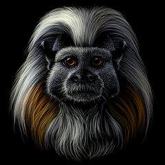 Cotton-top marmoset. Color, graphic portrait of a monkey on a black background. Digital vector graphics. 