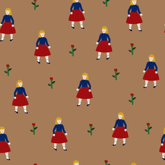 Hand-drawn naive autumn seamless pattern for wallpaper, wall mural. Cute girl in the garden. Stylish retro pattern design. Young girls and red flowers  on beige background.