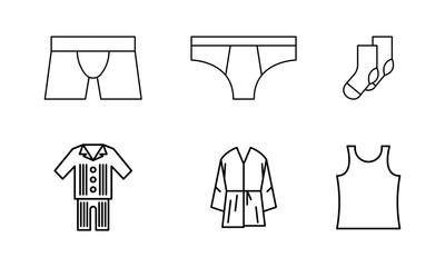 Set of mens night, everyday, bath, underwear.. Vector EPS 10 icons on white. Night clothin sign. For any purpose... Isolated single icon pajamas. For app, web design, dev, ui, graphic, business.