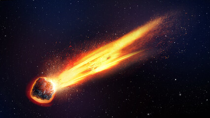Burning asteroid in space on a dark background. Digital Art Illustration Painting Hyper Realistic. - obrazy, fototapety, plakaty