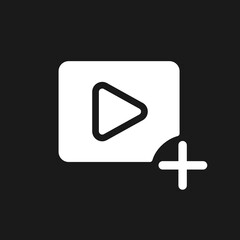 Add video file dark mode glyph ui icon. Simple filled line element. User interface design. White silhouette symbol on black space. Solid pictogram for web, mobile. Vector isolated illustration