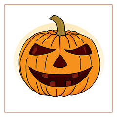 Scary pumpkin for Halloween. Vector, isolated on white background. Hand-drawn colored doodle pumpkin. Decoration for Halloween and Thanksgiving.