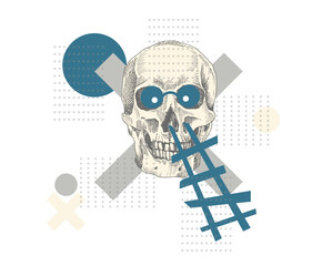 Art collage vintage human skull with stairs, halftone forms and circles. Zine Culture style banner. Hipster trending concept Tattoo, t-shirt design. Realistic hand drawn sketch. Skeleton head Vector