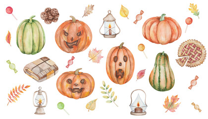 Watercolor illustration of hand painted carved jake-o-lantern pumpkins with scary faces, autumn leaves, plaid, lanterns, cookies, pie, sweet candies. Isolated clip art for Halloween posters, prints