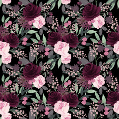 Beautiful fall winter deep red, burgundy, pink blooming flowers ,berries in the winter season seamless pattern design isolated © HoyaBouquet