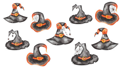 Watercolor illustration of hand painted witch, wizard long hats of black, orange colors with yellow buckle, insects spiders, cobweb, net. Isolated clip art for Halloween cards, packaging paper, prints