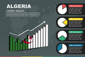Algeria infographic with 3D bar and pie chart, increasing values, flag on 3D bar graph
