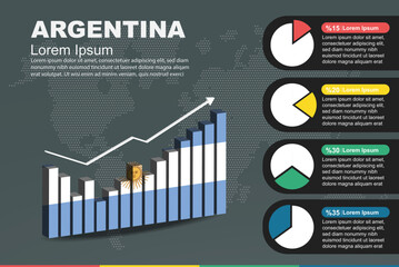 Argentina infographic with 3D bar and pie chart, increasing values, flag on 3D bar graph