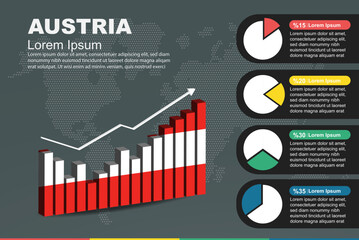 Austria infographic with 3D bar and pie chart, increasing values, flag on 3D bar graph
