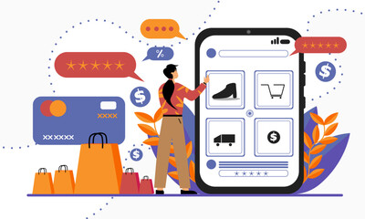 Flat ilustration of girl buy things on online shop. Online shoping ilustration concept.