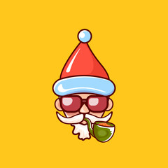 Santa Claus head with Santa red hat, smoking pipe and red hipster sunglasses isolated on orange Christmas background. Santa label or sticker design