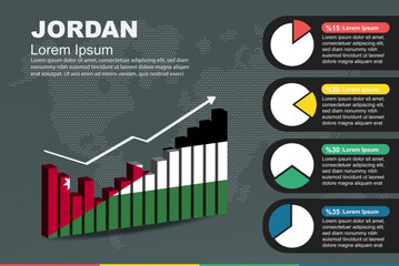 Jordan infographic with 3D bar and pie chart, increasing values, flag on 3D bar graph
