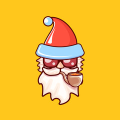 Santa Claus head with Santa red hat, smoking pipe and red hipster sunglasses isolated on orange Christmas background. Santa label or sticker design