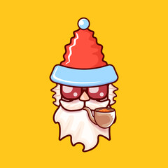 Santa Claus head with Santa red hat, smoking pipe and red hipster sunglasses isolated on orange Christmas background. Santa label or sticker design