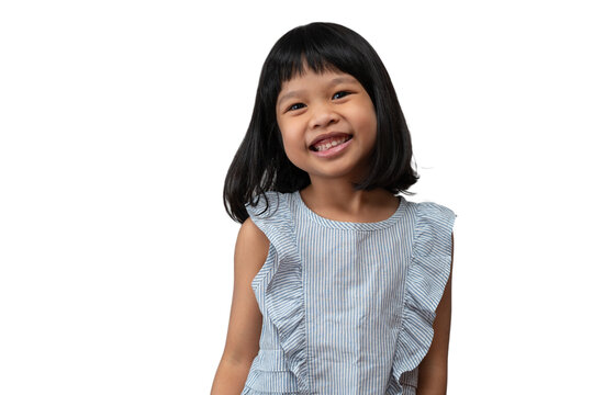 Portrait of Asian child 5 year old and to collect hair and a big smile on isolated white background, She is Happiness, radiance in youth