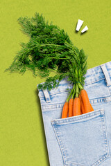 Collage photo of stylish discount jeans summer good fit big back pocket capacious bring fresh food work lunch isolated on green color background