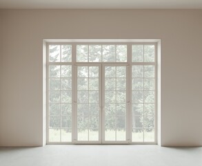 Classic empty room with glass house entrance. Concrete  floor, beige walls. View from the window to the forest. 3d render	