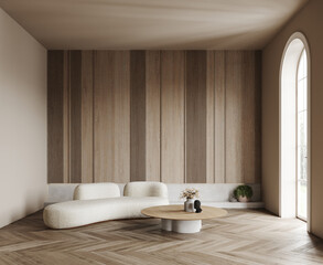 3d rendering of modern living room with 
boucle white sofas and stone table, wood panels on the wall. Wooden wall , light parquet. Arched panoramic floor to ceiling window.