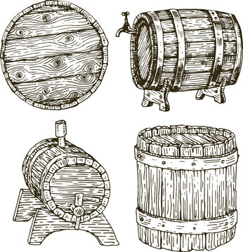 Wooden barrels for wine or beer on a white background. Freehand drawing.