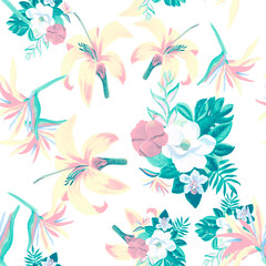 Pink Seamless Leaves. Gray Pattern Illustration. Coral Tropical Art. Blue Floral Foliage. White Flower Vintage. Gray Decoration Vintage. Watercolor Exotic.