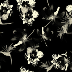 Gray Seamless Background. White Pattern Illustration. Black Tropical Texture. Flower Foliage. Wallpaper Exotic. Spring Textile. Garden Design. Floral Botanical.