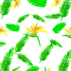 Natural Seamless Leaves. Green Pattern Plant. Yellow Tropical Plant. White Spring Palm. Organic Floral Design. Decoration Texture. Flora Foliage.