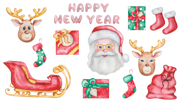 Watercolor illustration of hand painted reindeers with horns, stockings, gift boxes, boots, sleigh, Santa Claus in hat. Isolated cartoon clip art for New Year prints, Christmas postcards, winter cards