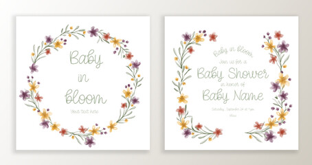 Baby Shower invitation template with watercolor floral and typographic design elements.