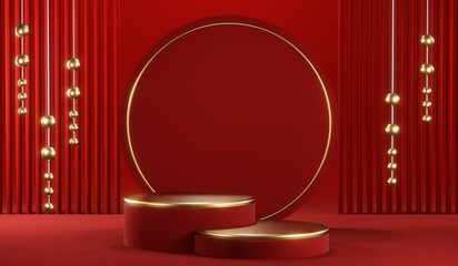 3D rendering of blank product background for cream cosmetics Modern red podium background