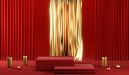 3D rendering of blank product background for cream cosmetics Modern red podium background