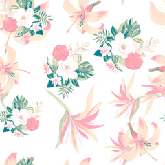 Pink Pattern Palm. White Seamless Exotic. Gray Tropical Illustration. Wallpaper Hibiscus. Drawing Plant. Summer Illustration. Garden Art. Decoration Illustration.