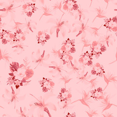 Coral Seamless Hibiscus. Gray Pattern Art. Blur Tropical Texture. Pink Flower Leaf. Brown Watercolor Art. Decoration Art. Drawing Nature.