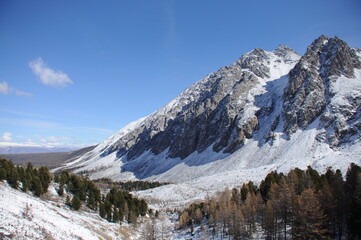 Scenic mountain landscape with snowy mountains, Aktru - one of main peaks of North Chuya Range in southeastern part of Altai Republic