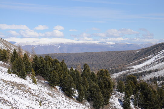 Scenic mountain landscape with snowy slopes of North Chuya Range in southeastern part of Altai 