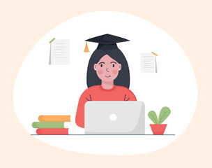 Student girl sitting with laptop. Flat design