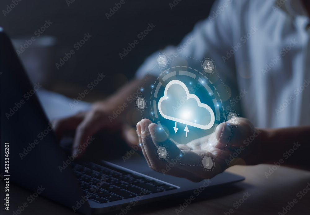 Poster man showing virtual cloud icon in hand concept of access to big data, global network connectivity, i