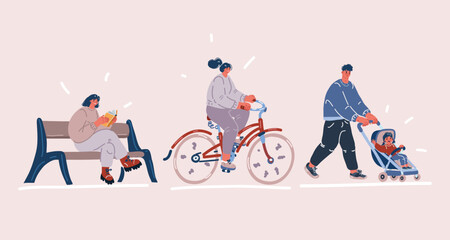 Vector illustration of People walking in the park set. Woman sitting at bench and ride bike and man with stroller baby