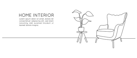 One continuous line drawing of armchair and lamp and potted plant. Modern rustic furniture for living room interior in simple linear style. Editable stroke. Doodle Vector illustration