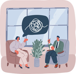 Vector illustration of concept for psychotherapy session. Patient with psychologist, psychotherapist office. Psychiatrist session in mental health clinic.