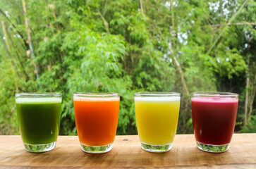 Organic cold pressed fruit and vegetable juices in glass on wooden table at garden. healthy food concept.