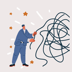 Vector illustration of Man trying to untangle a knot of thoughts in the human brain