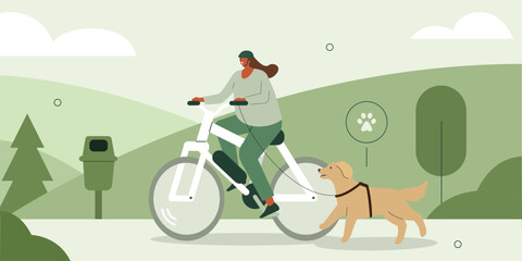 Pet owner or sitter biking with dog on the leash in city park. Pet care and dog activity concept. Vector illustration.