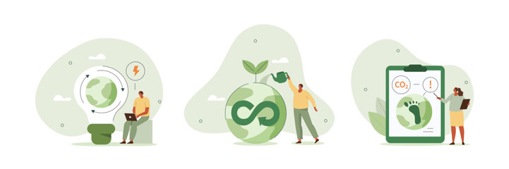 Circular economy illustration set. Sustainable economic growth strategy, recourses reuse and reduce co2 emission and climate impact. ESG, green energy and industry concept. Vector illustration.