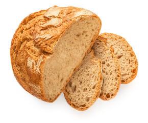  Bread loaf with  slices viewed from above isolated on white background. Top view.