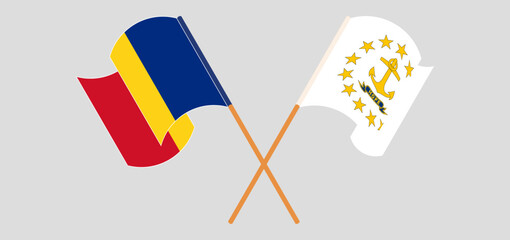 Crossed and waving flags of Romania and the State of Rhode Island