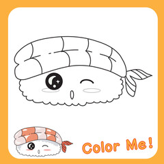 Educational printable coloring worksheet. Funny Japanese food. Asian cuisine. Kawaii cute sushi collections with smiling face and pink cheeks. Vector illustration.