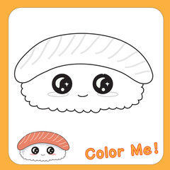 Educational printable coloring worksheet. Funny Japanese food. Asian cuisine. Kawaii cute sushi collections with smiling face and pink cheeks. Vector illustration.