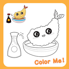 Educational printable coloring worksheet. Funny Japanese food. Asian cuisine. Kawaii cute sushi collections with smiling face and pink cheeks. Vector illustration.